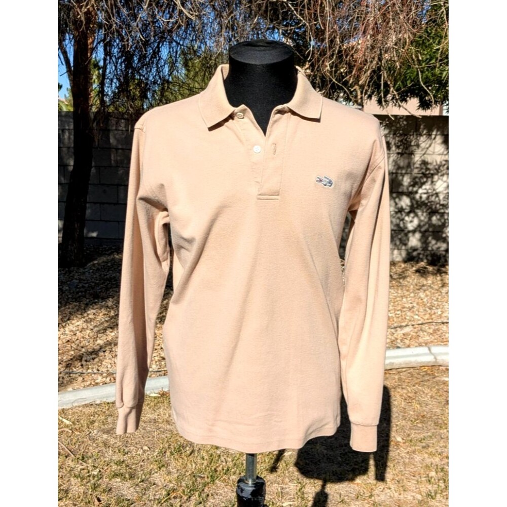 1980's Vintage Crocodile Men's Beige L/S Polo 100% Cotton Pullover Shirt EUC